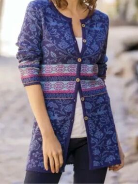 Novica 100% Baby Alpaca Romantic Nature in Indigo" Button Front Long Cardigan